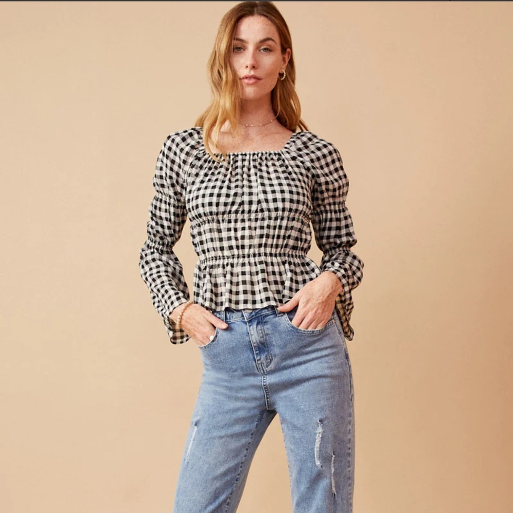 SOLD Gingham Peasant Sleeve Square Neck Top